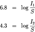 \begin{eqnarray*}6.8 &=&\log \displaystyle \frac{I_{1}}{S}\\
&&\\
4.3 &=&\log \displaystyle \frac{I_{2}}{S}
\end{eqnarray*}
