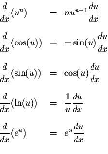 \begin{displaymath}\begin{array}{llllllll}
\displaystyle \frac{d}{dx}(u^n) &=& n...
...}(e^u) &=& e^u \displaystyle \frac{du}{dx}\\
&&\\
\end{array}\end{displaymath}