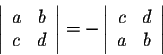 \begin{displaymath}\left\vert\begin{array}{cc}
a&b\\
c&d\\
\end{array}\right\v...
...left\vert\begin{array}{cc}
c&d\\
a&b\\
\end{array}\right\vert\end{displaymath}