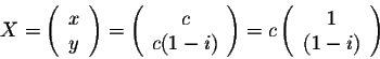\begin{displaymath}X = \left(\begin{array}{rrr}
x\\
y\\
\end{array}\right) = \...
...ht) = c \left(\begin{array}{c}
1\\
(1-i)\\
\end{array}\right)\end{displaymath}