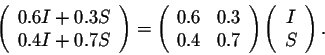 \begin{displaymath}\left(\begin{array}{c}
0.6 I + 0.3 S\\
0.4 I + 0.7 S\\
\end...
...ay}\right) \left(\begin{array}{c}
I\\
S\\
\end{array}\right).\end{displaymath}