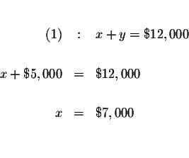 \begin{eqnarray*}&& \\

(1) &:&x+y=\$12,000 \\

&& \\

x+\$5,000 &=&\$12,000 \\

&& \\

x &=&\$7,000 \\

&& \\

&&

\end{eqnarray*}