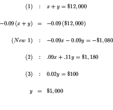 \begin{eqnarray*}(1) &:&x+y=\$12,000 \\

&& \\

-0.09\left( x+y\right) &=&-0.0...

...

(3) &:&0.02y=\$100 \\

&& \\

y &=&\$5,000 \\

&& \\

&&

\end{eqnarray*}