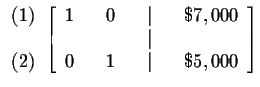 $

\begin{array}{r}

(1) \\

\\

(2)

\end{array}

\left[

\begin{array}{rrrr...

...\

& & & & \vert & & \\

0 & & 1 & & \vert & & \$5,000

\end{array}

\right] $